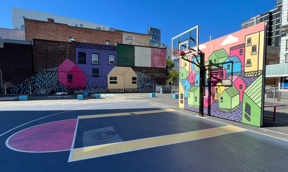 Exploring a public urban art installation (mural) at The Bounce in Calgary in the East Village