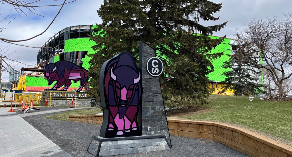 Buffalo public art installation in front of Scotia Place construction 