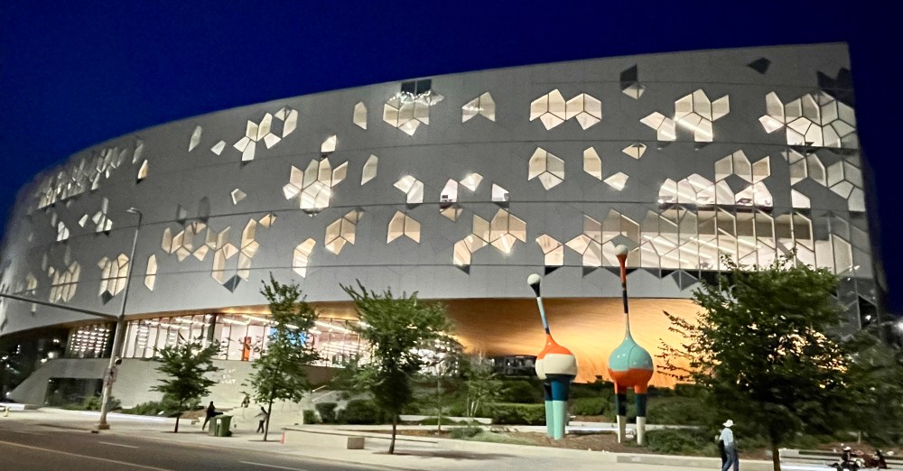 "Drinking birds" public art installation in front of the Central Library at night