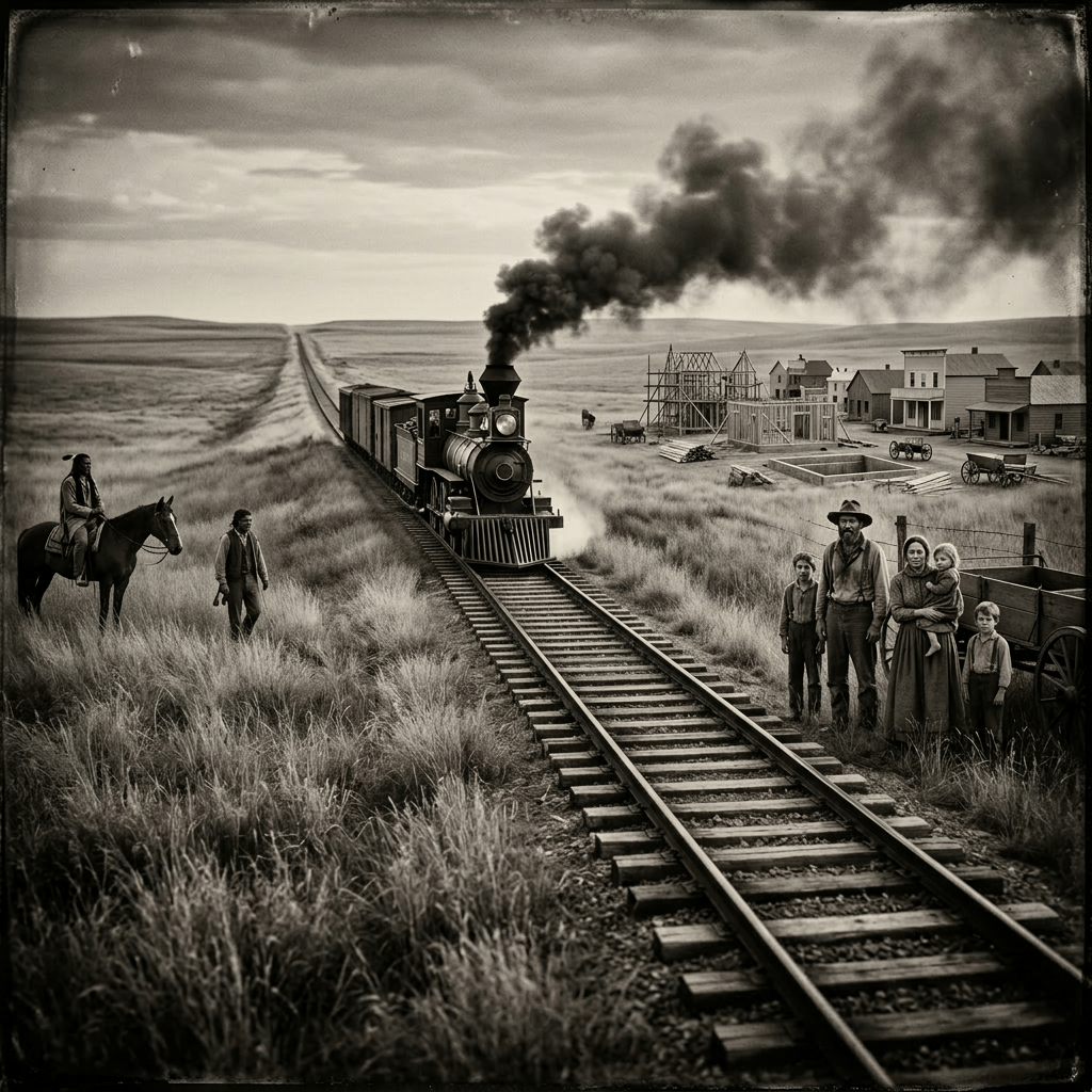 Steam locomotive on tracks with Native Americans and settlers beside it