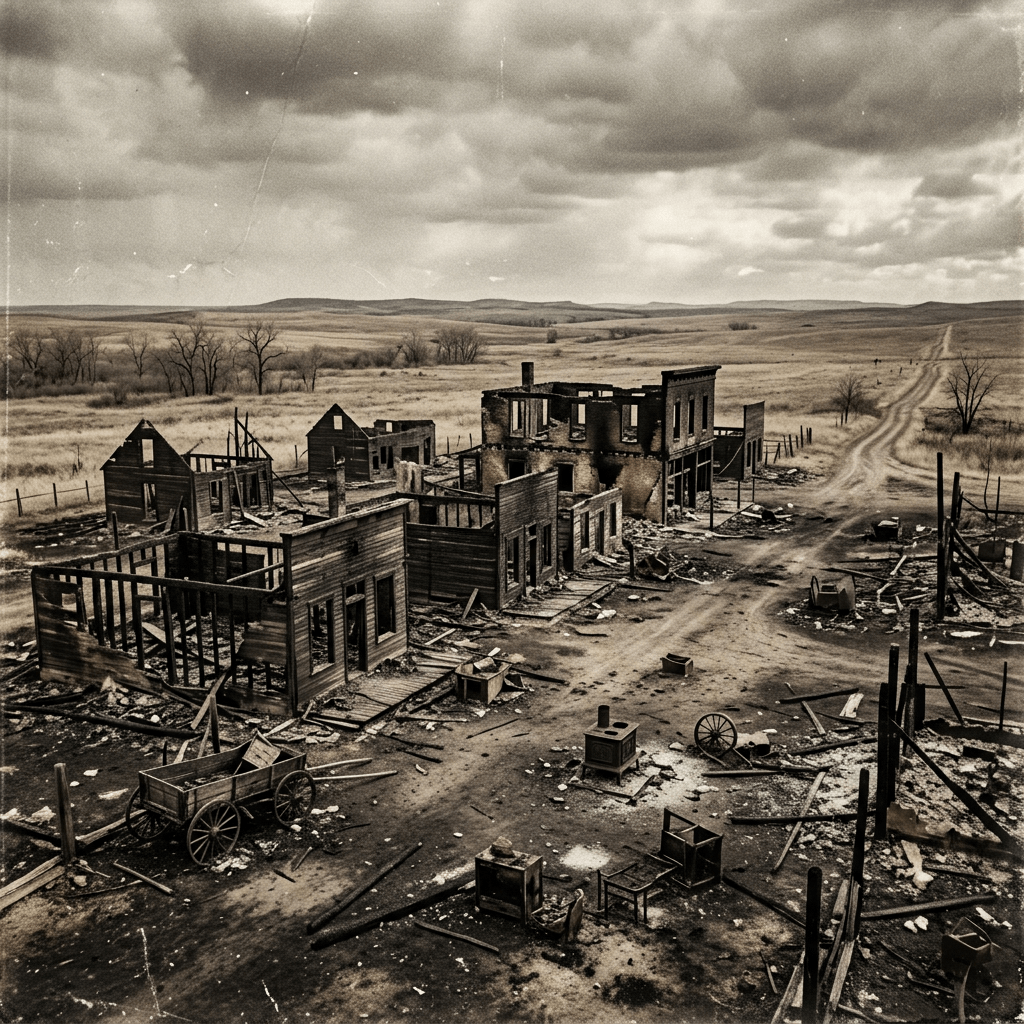1900s burned town ruins, prairie setting